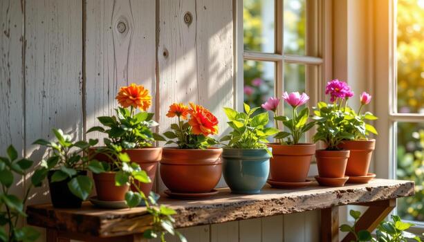 a rustic shelf displays colohrful flower pots illuminated gently by sunlight pouring through the window. photo