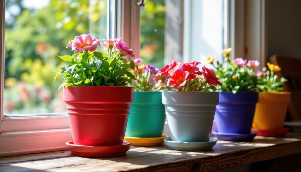 colorful flower pots rest on a shelf by the window, reflecting sunlight across the rustic wooden shelf. photo