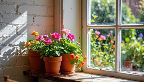 sunlight highlights vibrant flowher pots resting on a rustic shelf beside the large clear window pane. photo