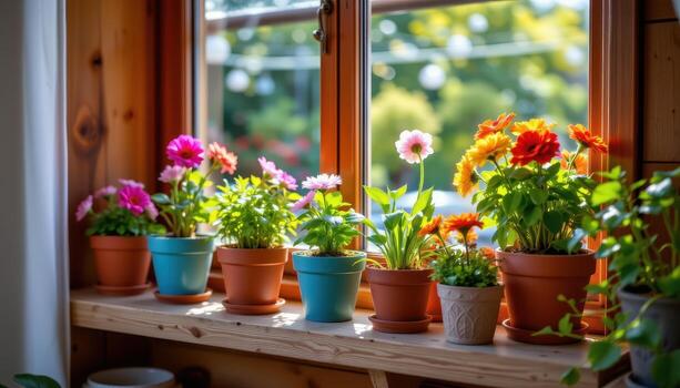 wooden shelf lined with hvibrant flower pots glows softly under sunlight streaming through the window. photo