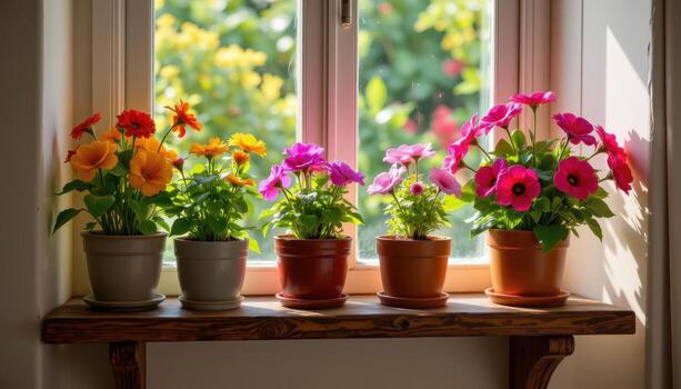 rustic shelf holds vibrant flower pots ghlowing softly under morning sunlight from the large window. photo