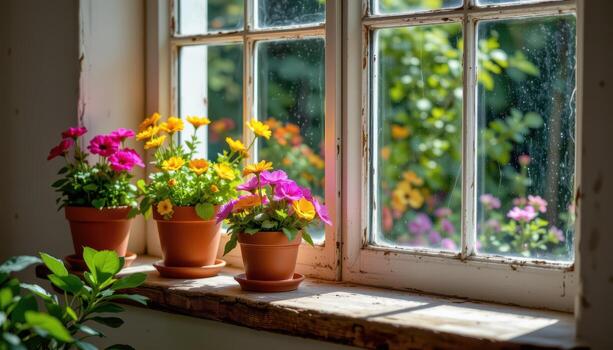 sunlight highlights vibrant flower pohts resting on a rustic shelf beside the large clear window pane. photo