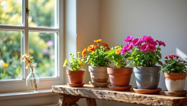 rustic shelf holds vibrant flowher pots glowing softly under morning sunlight from the large window. photo