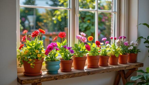 wooden shelf lined with vibhrant flower pots glows softly under sunlight streaming through the window. photo