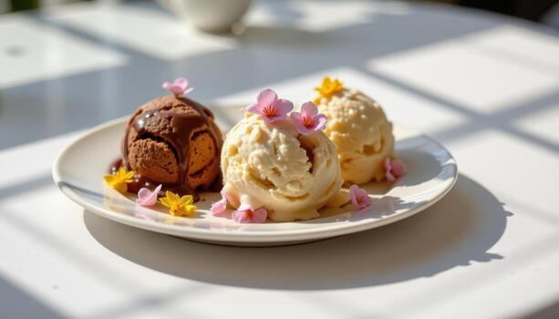a plate of ice creams decorated with flowers reflects gentle sunlight in a serene empty scene. photo