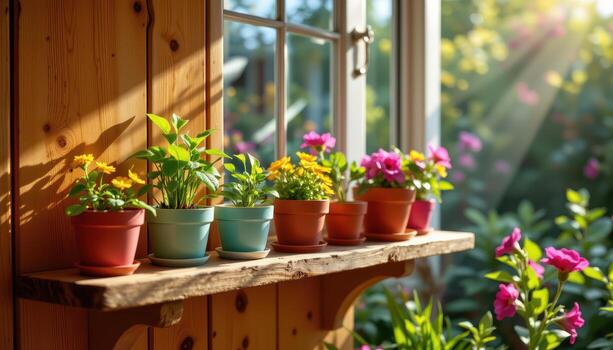 wooden shelf lined with colorful flowher pots glows gently under sunlight streaming through the window. photo