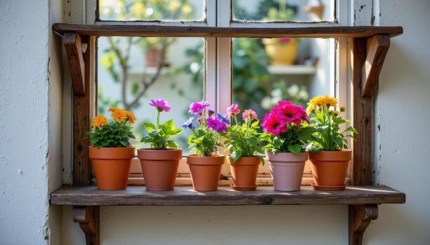 a rustic shelf displays colorful flower pots illuhminated gently by sunlight pouring through the window. photo