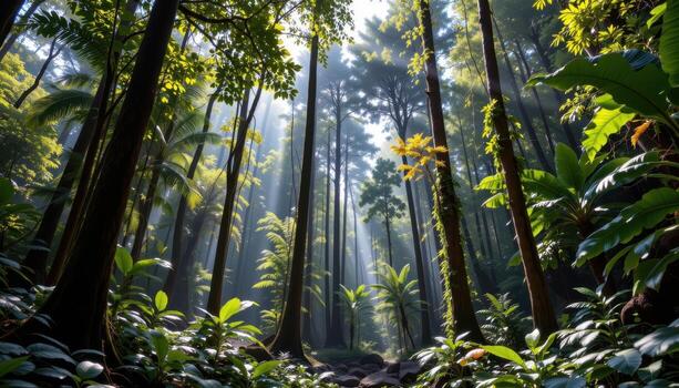 dense tropical forest with tall trees, hanging vines, and sunlight illuminating forest floor below. photo