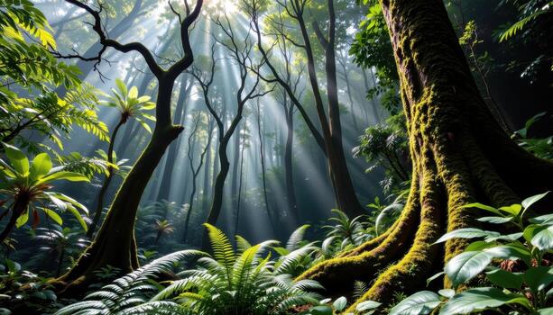 tropical forest with moss covered trunks, ferns, and sunlight piercing dense leafy canopy above. photo