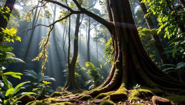 towering trees with vines dangling in tropical rainforest, sunlight softly lighting the moss covered floor. photo