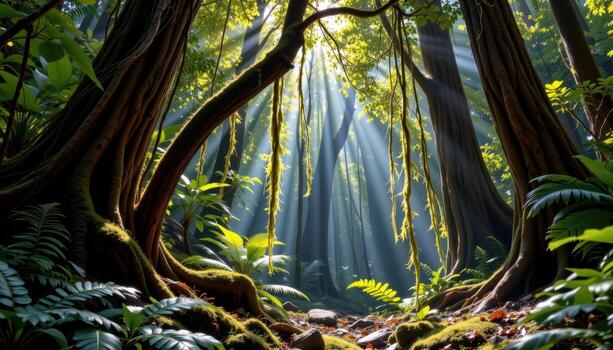 dense rainforest with hanging vines, moss covered trunks, ferns, and sunlight creating golden beams below. photo