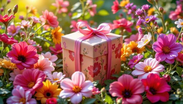 colorful flowers encircle a square gift box, sunlight streaming through leaves creating warm patterns. photo