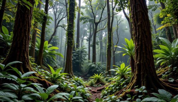 dense tropical forest with vines hanging from tall trees, ferns and moss covering forest floor. photo