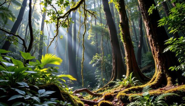 dense rainforest with vines hanging from high trees, sunlight highlighting moss and ferns below. photo