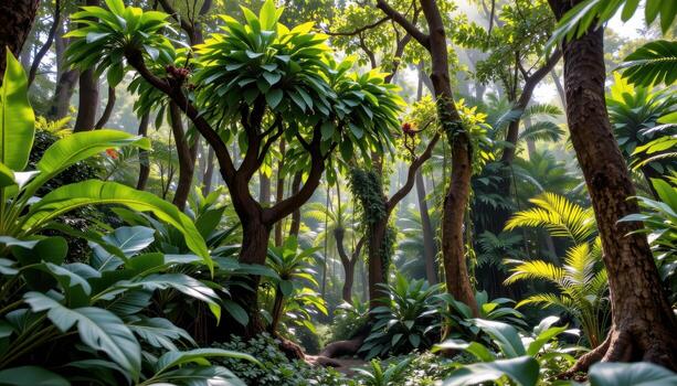 tropical forest with dense green canopy, hanging vines, and sunlight illuminating forest floor. photo