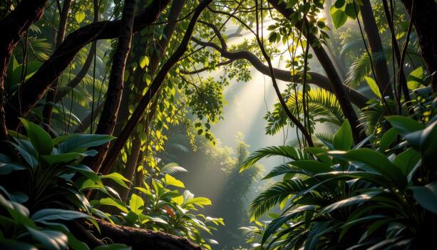 tropical forest with hanging vines, dense undergrowth, and sunlight creating soft golden forest beams. photo