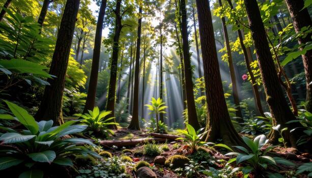 lush tropical forest with tall trees, mossy trunks, ferns, and sunlight casting warm beams below. photo