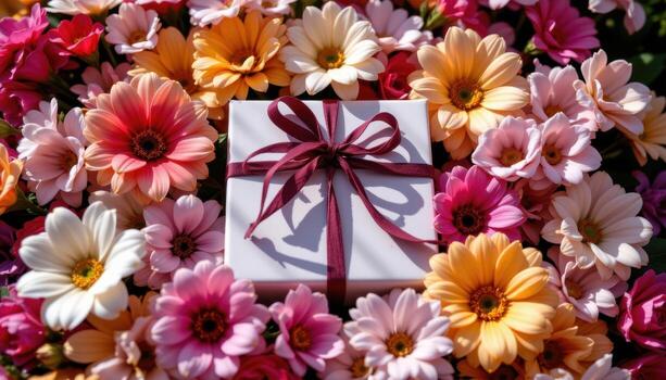 vibrant flowers surround a square gift box, sunlight creating soft patterns on petals and wrapping. photo