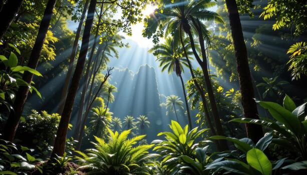 lush tropical rainforest with sunlight filtering through tall trees, highlighting tropical greenery below. photo
