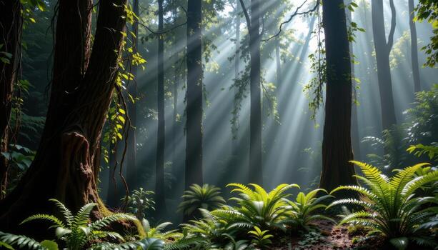 misty tropical forest with thick vines, tall trees, and sunlight illuminating ferns and moss below. photo