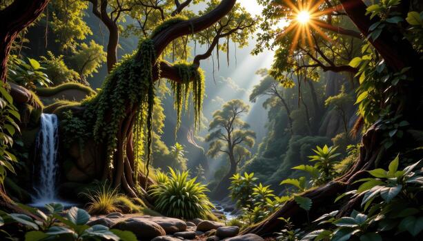 dense rainforest with hanging vines and ferns, sunlight creating golden shafts through the canopy above. photo