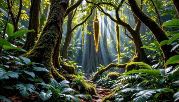 dense tropical forest with moss covered trunks, ferns, hanging vines, and sunlight casting soft beams. photo