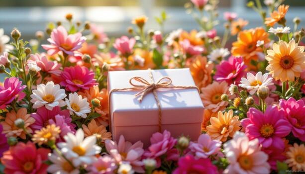vibrant flowers form a circle around a gift box, sunlight creating soft golden highlights and shadows. photo