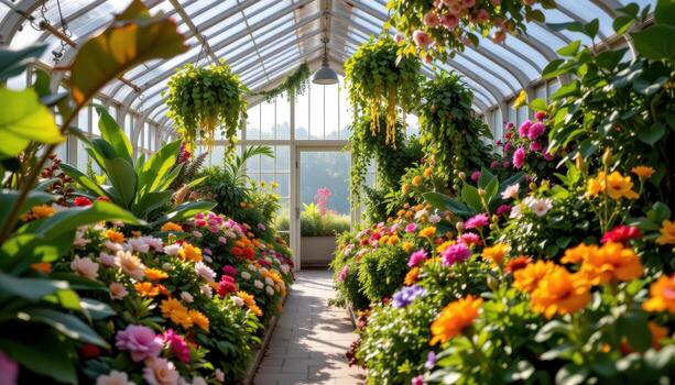 lush greenery and flowers fill every corner of a sunlit greenhouse, sunlight creating soft golden patterns. photo