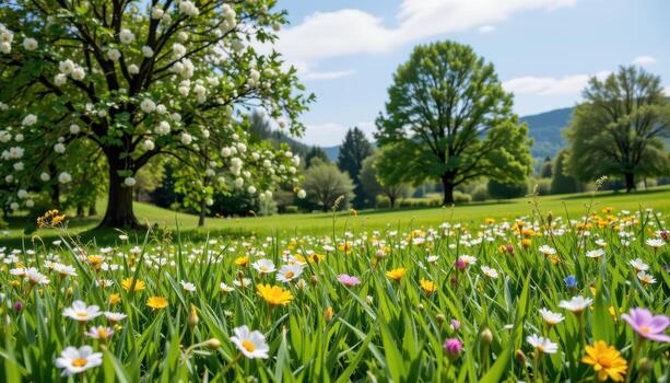 a peaceful meadow with thick green grass, colorful blossoms, and trees swaying softly in the breeze. photo