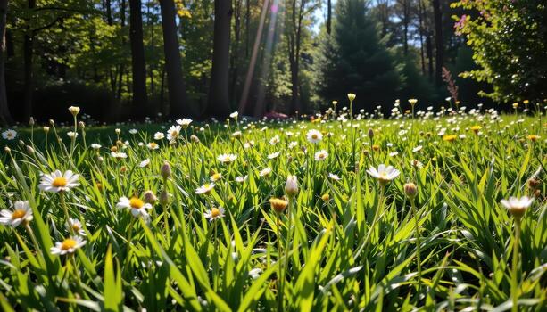 bright sunlight illuminates a meadow with green grass, flowers in bloom, and trees casting shadows. photo