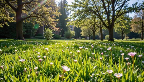 bright meadow with lush grass, flowers in bloom, and trees casting shadows, sunlight streaming softly. photo