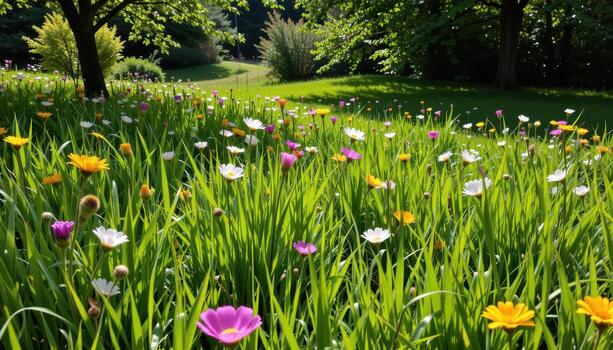 vibrant meadow filled with thick green grass, wildflowers, and trees, sunlight creating soft shadows below. photo