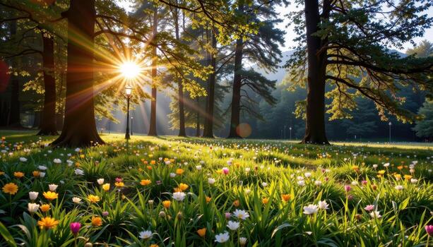 sunlight shines on a meadow of dense grass, bright flowers, and tall majestic trees swaying gently. photo