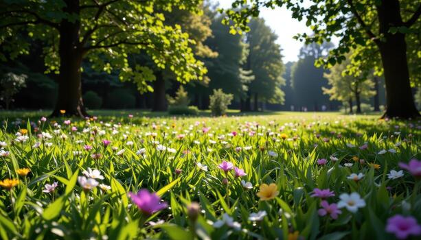 vibrant meadow of dense grass, scattered blossoms, and tall leafy trees, sunlight casting soft shadows. photo