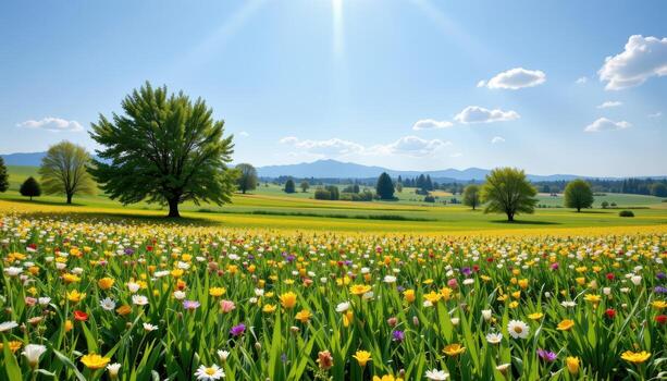 lush green field with colorful flowers and scattered trees, sunlight streaming softly across the peaceful scene. photo