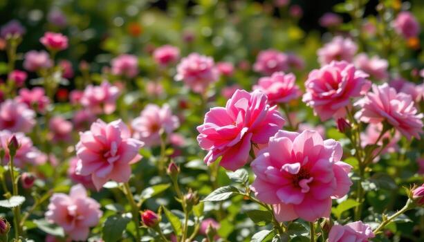 a meadow full of wild roses, sunlight filtering through petals and leaves, casting soft patterns below. photo
