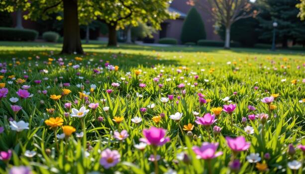 vibrant meadow filled with grass, flowers in bloom, and trees casting shadows under gentle sunlight. photo