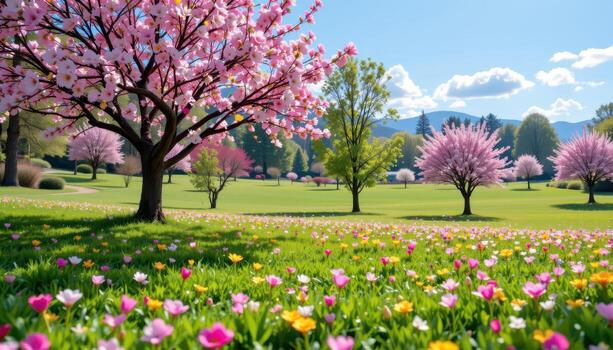 a peaceful grassy field with colorful blossoms, scattered trees, and sunlight illuminating petals softly below. photo