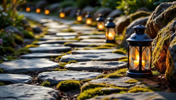 lanterns line a stone path, soft light casting warm highlights across textured stones and patches of green moss. photo