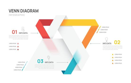Venn diagram business infographic triangle circle chart template 3 color steps options, presentation with venn diagram elements illustration. vector