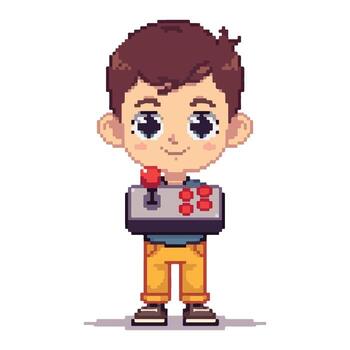 Pixel Boy Character Holding Game Controller with Happy Expression vector