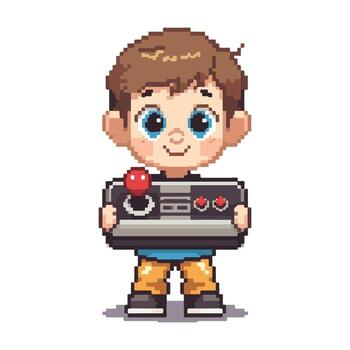 Pixel Boy Character Holding Game Controller with Happy Face vector