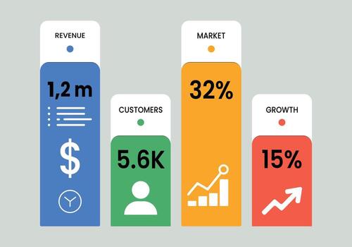 Financial growth and performance metrics infographic with bar charts and key data points vector