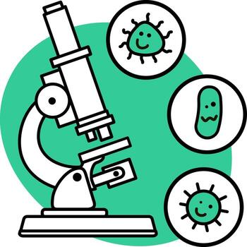 Microorganisms under microscope. Icon. Medical research of microbes concept. Lab tools for scientific experiment. Biochemistry and analysis vector