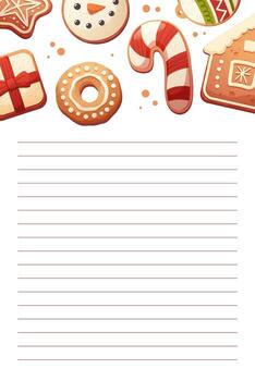 Christmas to-do list, shopping list, notebook page. Background with gingerbread cookies and lines for text. Printable template vector