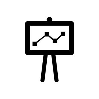 A monochrome depiction of a presentation easel showcasing a line graph for business analytics, data visualization, and strategic planning vector