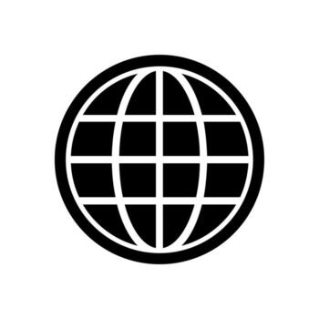 Simple black and white globe icon, a graphic representing the world, internet, and global connection. Framed sphere symbol for technology and communication vector
