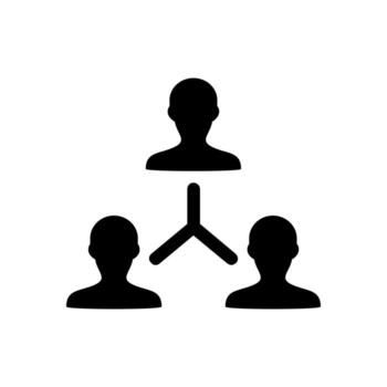 A minimalist black glyph icon representing a business team network, showing hierarchy, management, and organizational structure vector