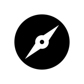 Minimalist compass icon in a solid black circle, a graphic symbol for navigation, travel, and finding direction vector