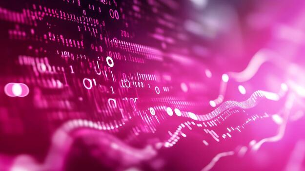 Abstract Digital Background of Pink and Purple Waves with Binary Code and Glowing Effect photo
